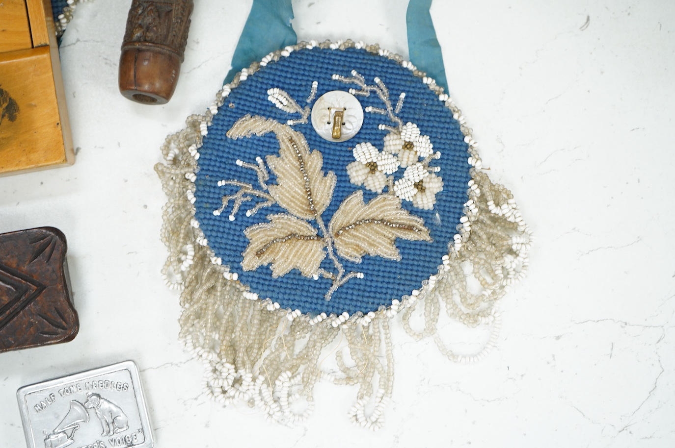 A collection of Victorian and later sundry items to include beadwork purse, watch holder, a kris handle and other treen